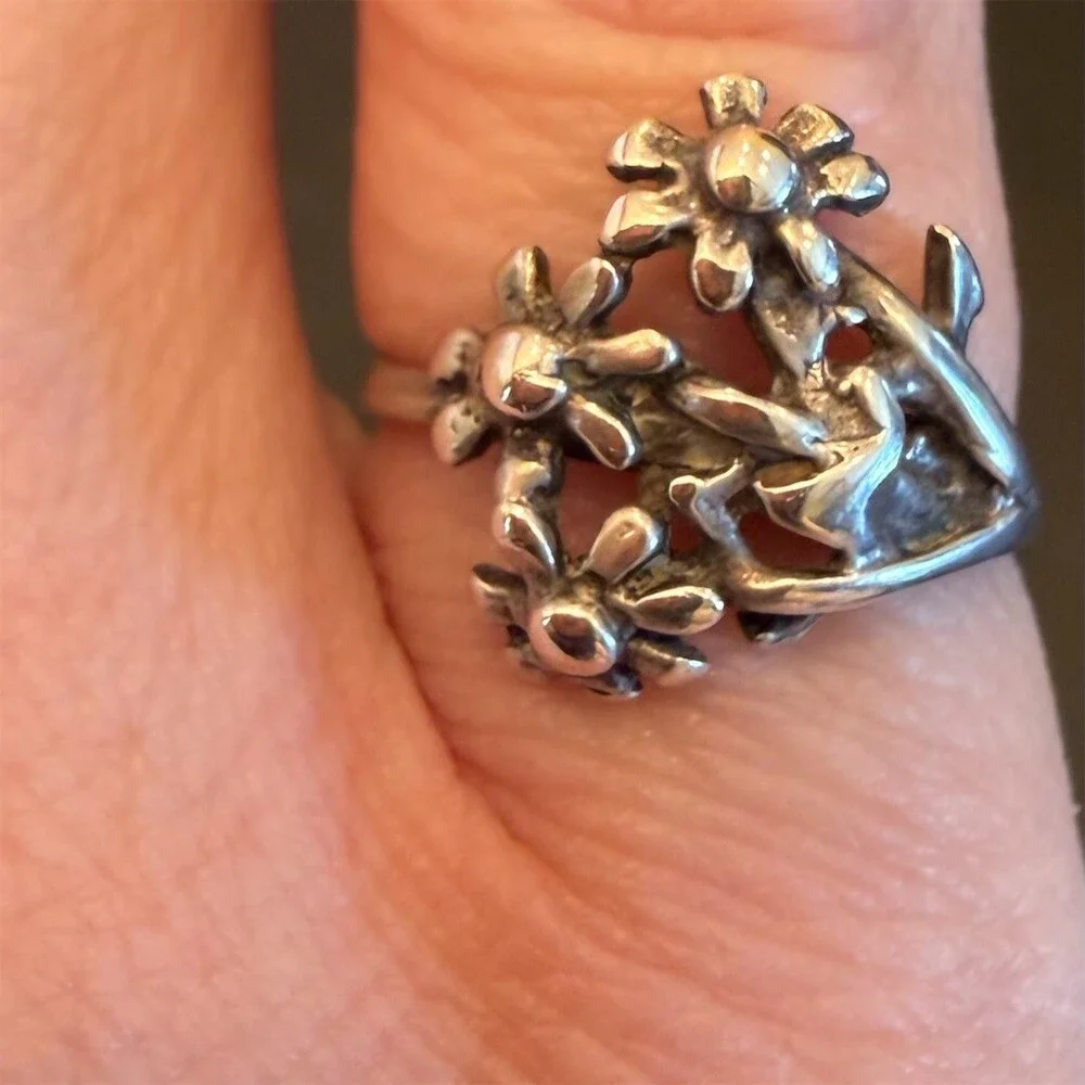 Vintage Art Deco Floral Bouquet Openwork Cluster Ring Sterling Silver Size 4.75